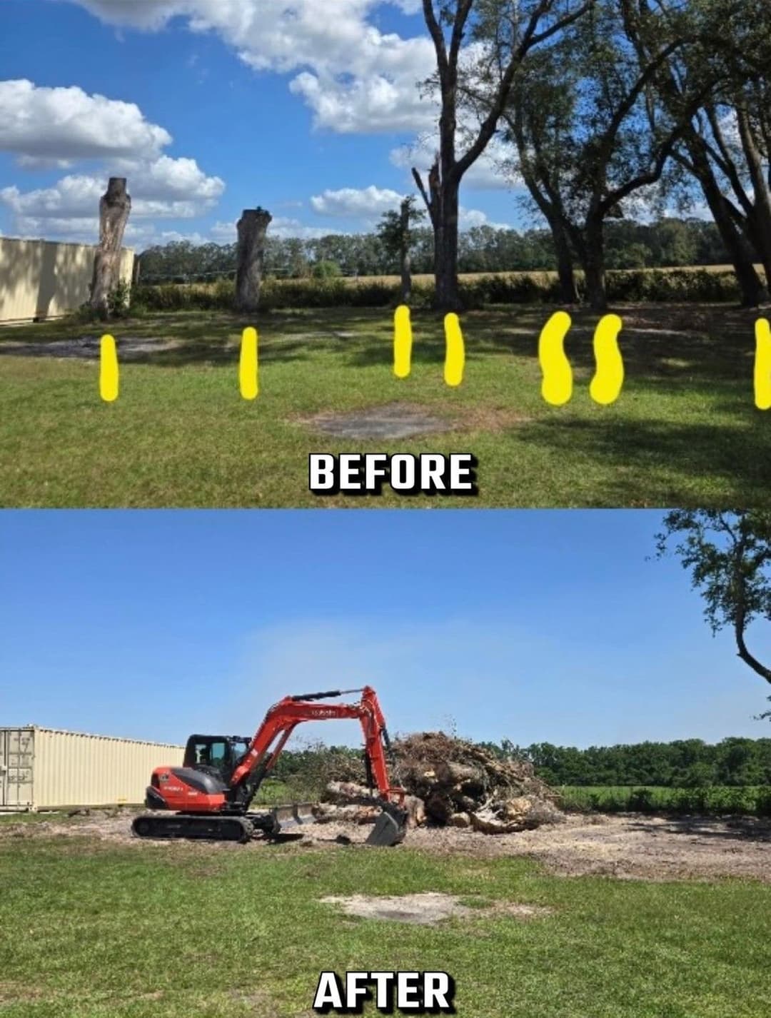 Before and after: tree removal project with excavator clearing debris from lawn.