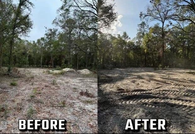 Before and after land clearing, showcasing transformation of a wooded area.