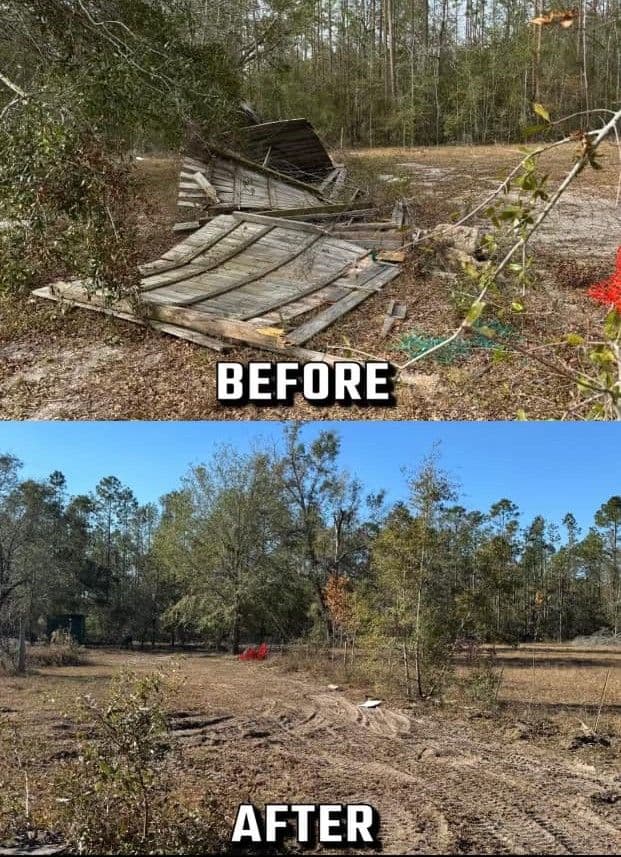Before and after transformation of a dilapidated structure in a wooded area.