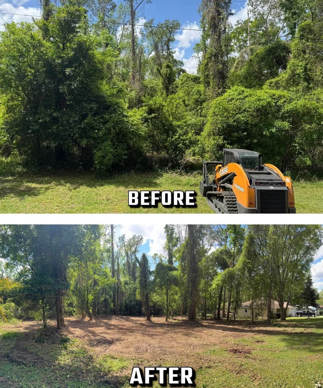 Before and after landscaping transformation showing cleared land with heavy machinery.