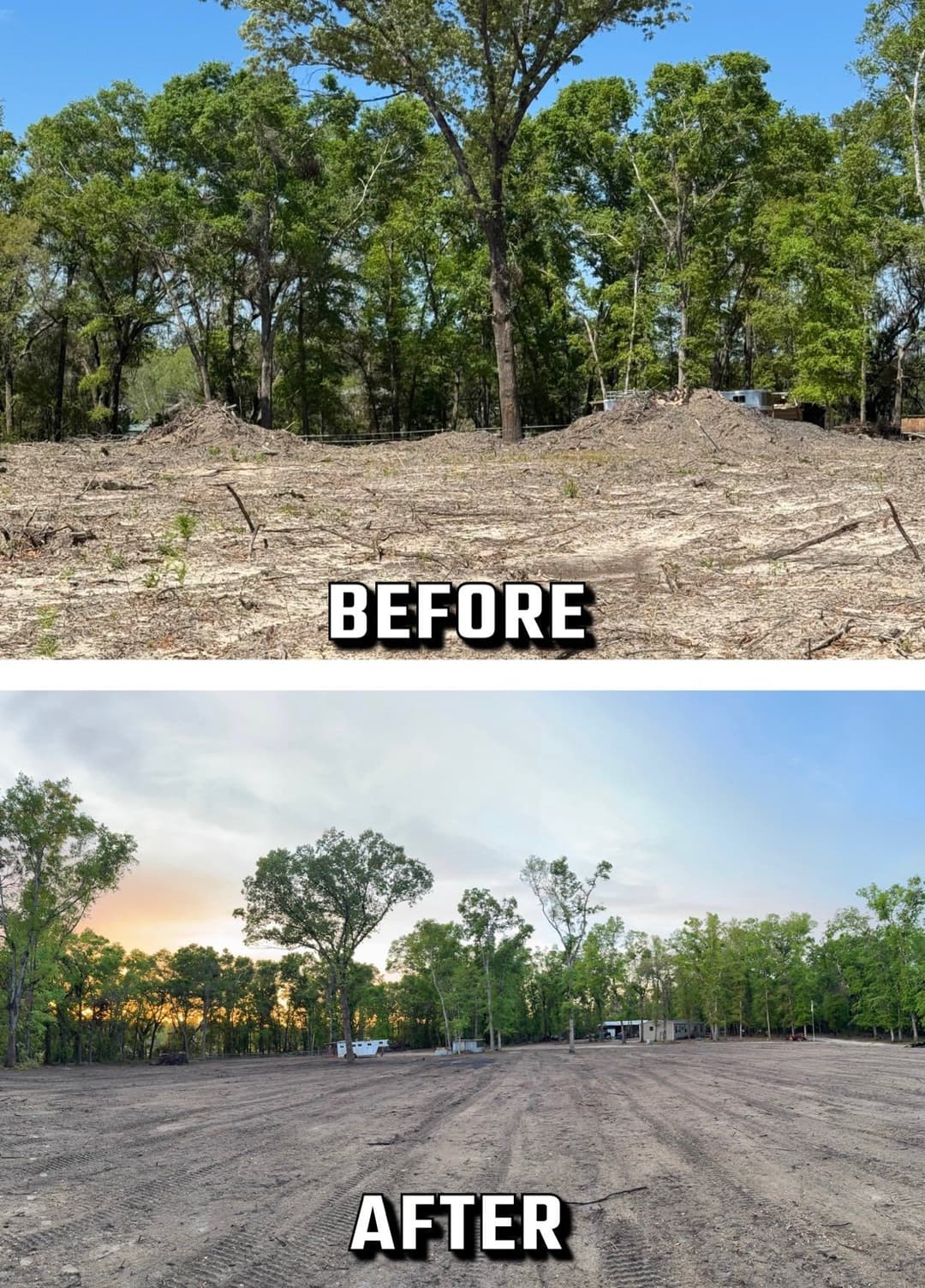 Before and after view of land clearing, showing treed area vs. cleared, leveled ground.